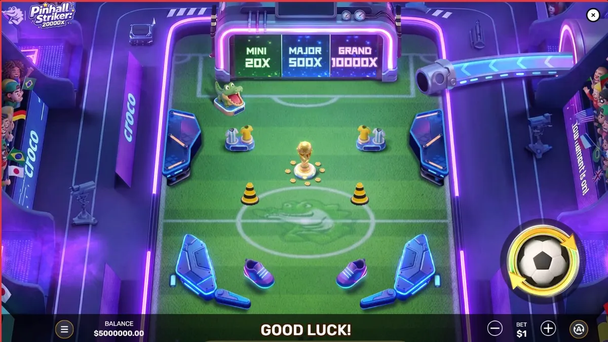 Pinball Striker 20,000x স্লট গেমের নিওন-লাইট স্টেডিয়াম এবং ফুটবল থিমযুক্ত ইন্টারফেস
